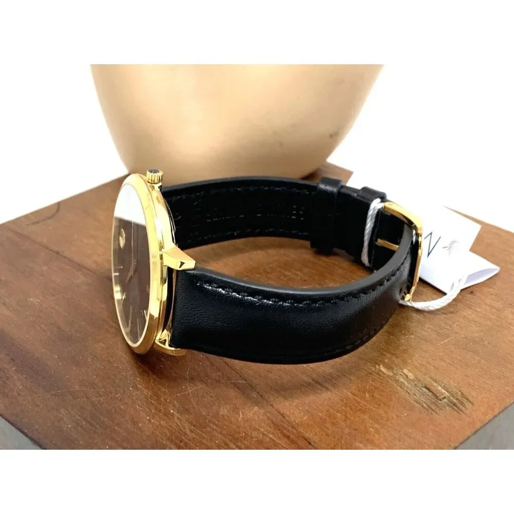 Movado Womens Watch 0607091 Ultra Slim Black Dial Swiss Quartz Gold Leather 35mm
